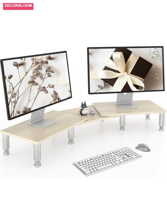 Other - Adjustable Wooden Dual Monitor Riser Stand with Storage, Height & Angle